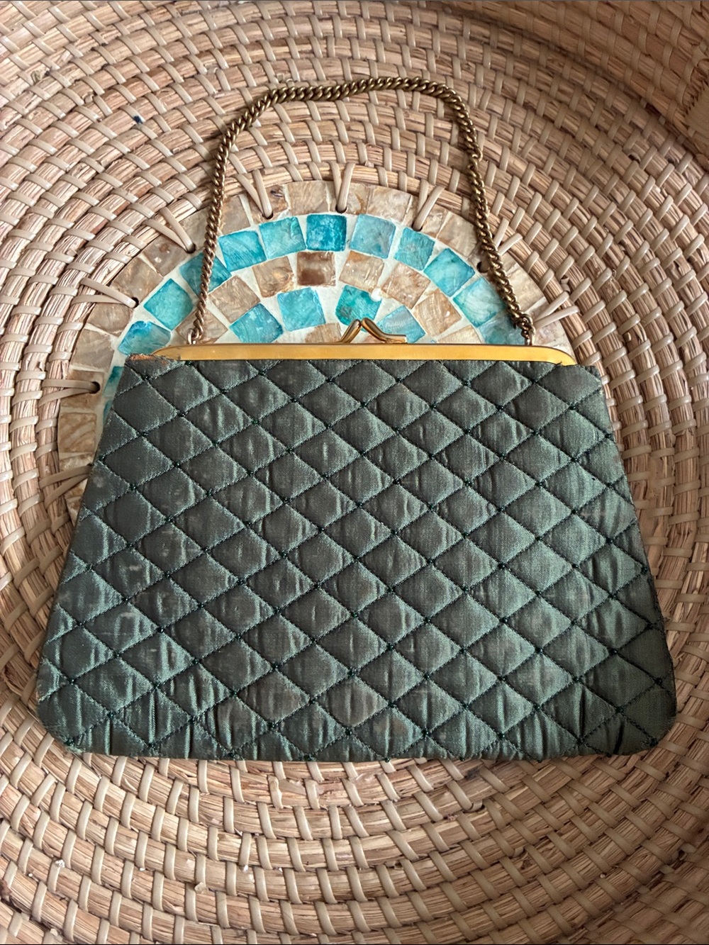 Central CottageIndustries Emporium India Vintage Olive Green Evening Clutch